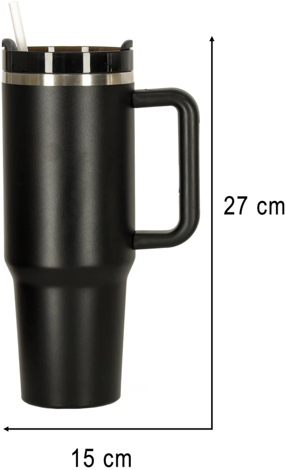 Ikonka Termo puodelis ze słomką i laikikliu termos 1200ml juoda