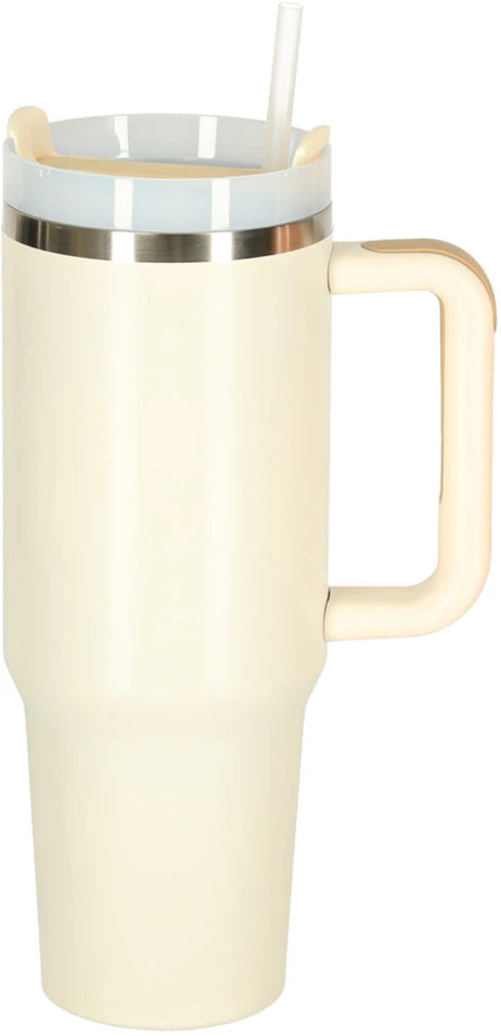 Ikonka Termo puodelis ze słomką i laikikliu termos 1200ml kreminė