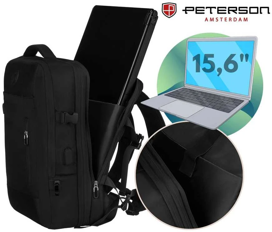 Juoda kelioninė kuprinė „Peterson“ rankiniam lėktuvo bagažui iš patvarios medžiagos K52