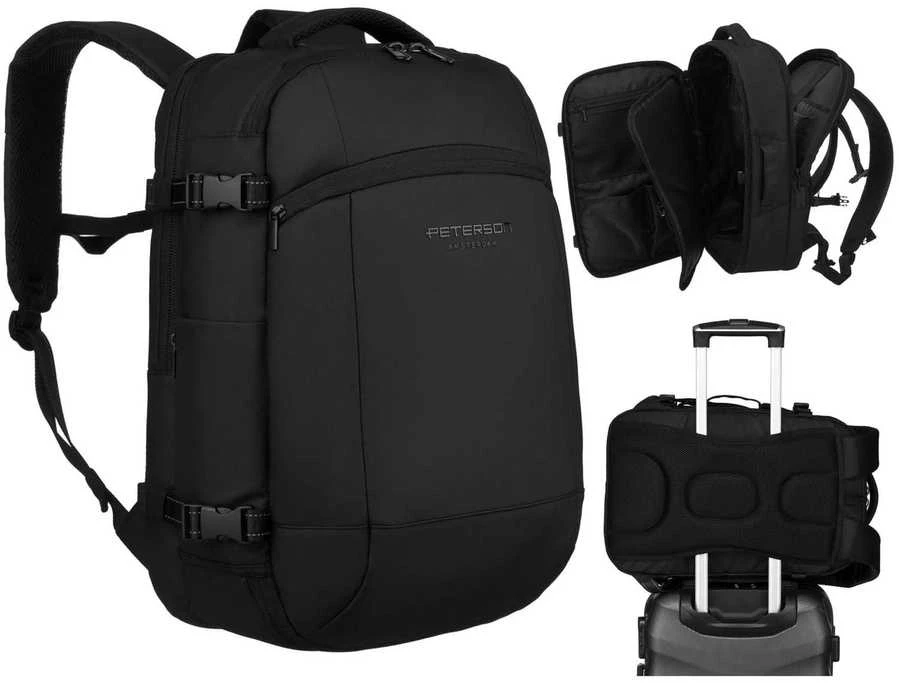 Juoda tekstilinė kelioninė kuprinė „Peterson“ su vakuuminiu skyriumi ir USB jungtimi K49