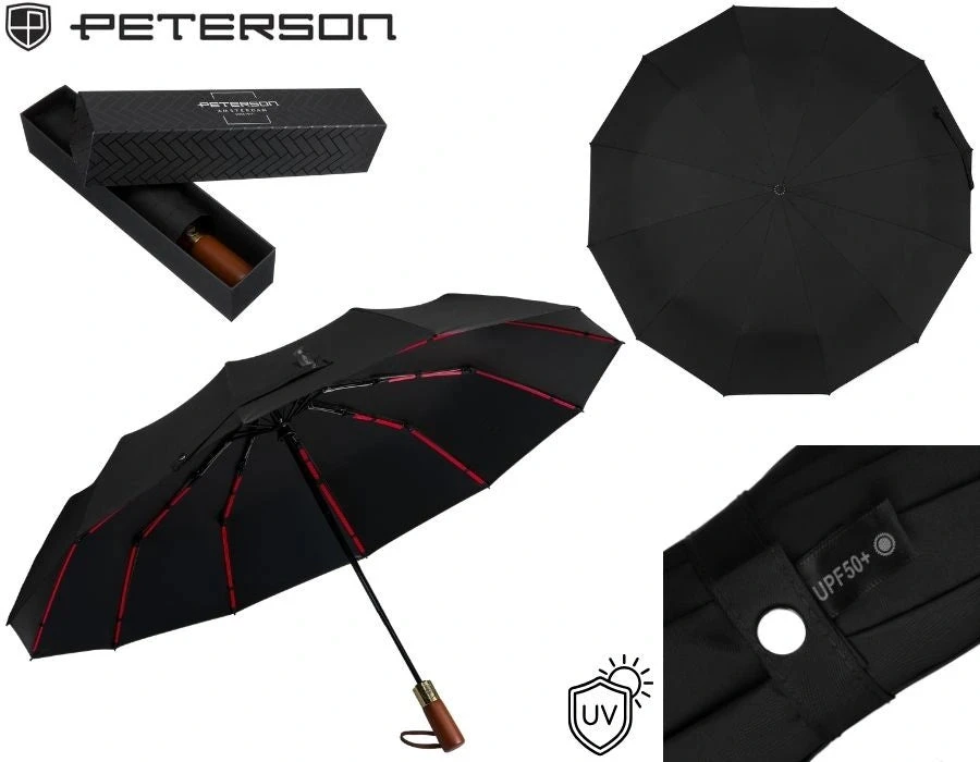 Składana, juoda parasolka w eleganckim pokrowcu - Peterson