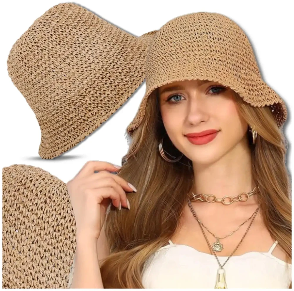 Kepurė Moteriška bucket tipo skrybėlė, tamsios šiaudų spalvos