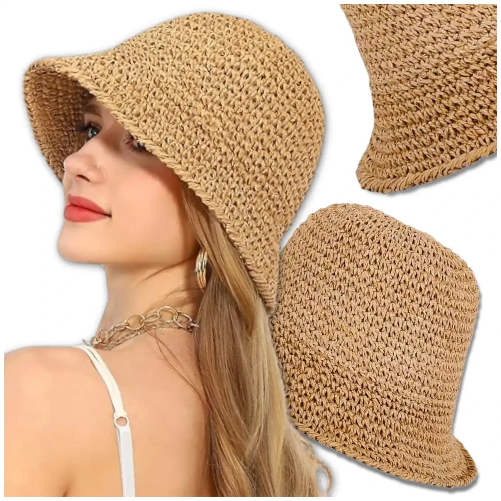 Kepurė Moteriška bucket tipo skrybėlė, tamsios šiaudų spalvos