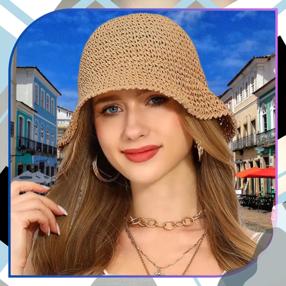 Kepurė Moteriška bucket tipo skrybėlė, tamsios šiaudų spalvos