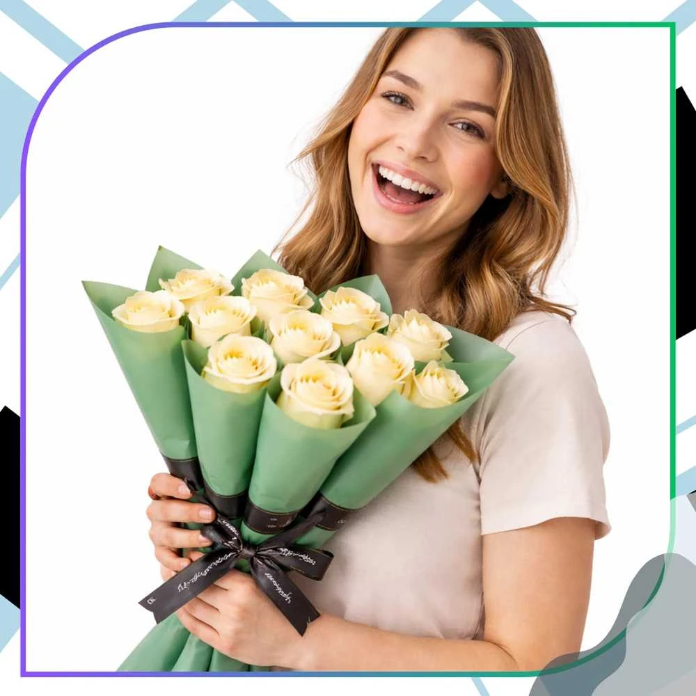 Kreminės muilo rožės, 10 vnt., 28 cm puokštė