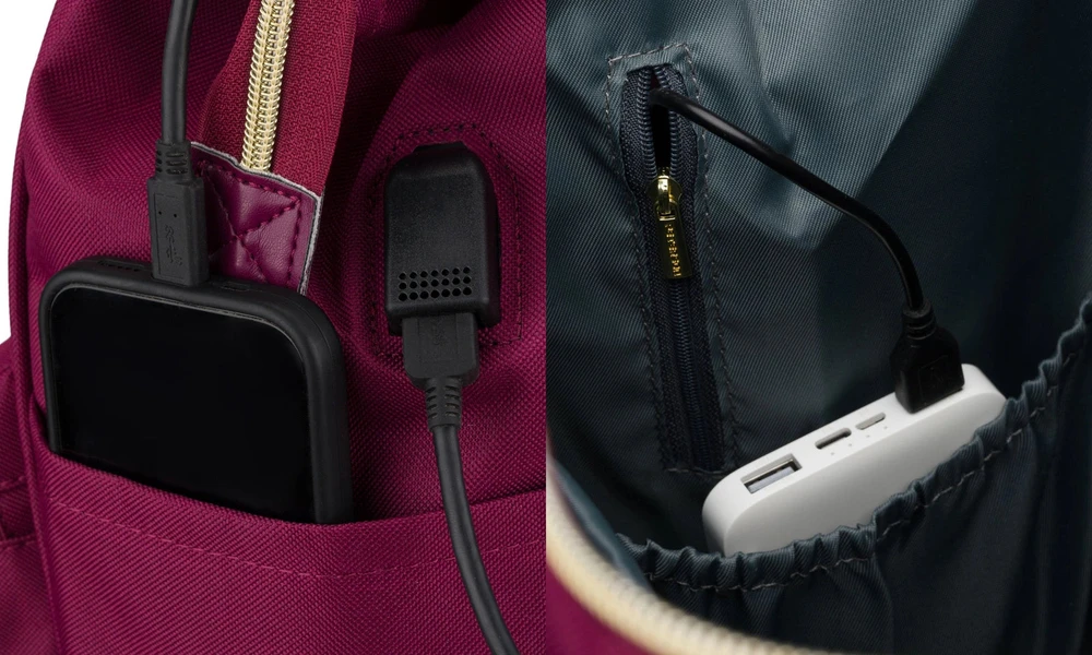Jednokomorowy plecak damski su poliestru w burgundowym kolorze, wyposażony w port USB - Peterson