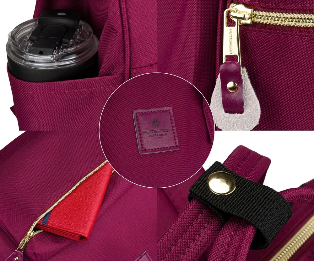 Jednokomorowy plecak damski su poliestru w burgundowym kolorze, wyposażony w port USB - Peterson