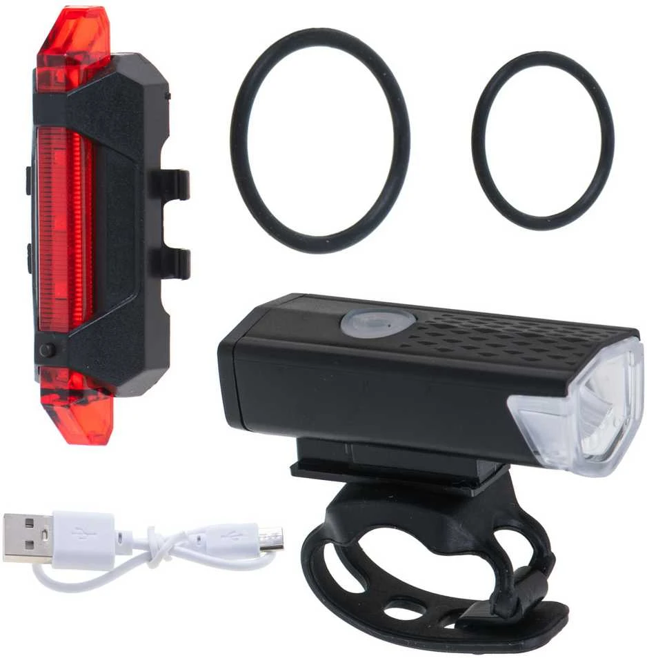 LED dviračio žibintų rinkinys RALLEX, priekinis ir galinis, USB įkrovimas