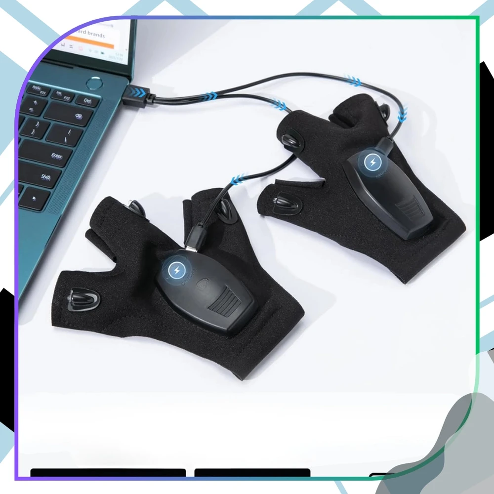 LED žibintuvėlio pirštinės, juodos, USB, 2 vnt. TP91