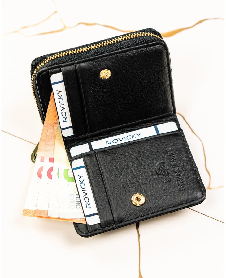 Maža moteriška natūralios odos piniginė su RFID apsauga, juoda – Rovicky ST80
