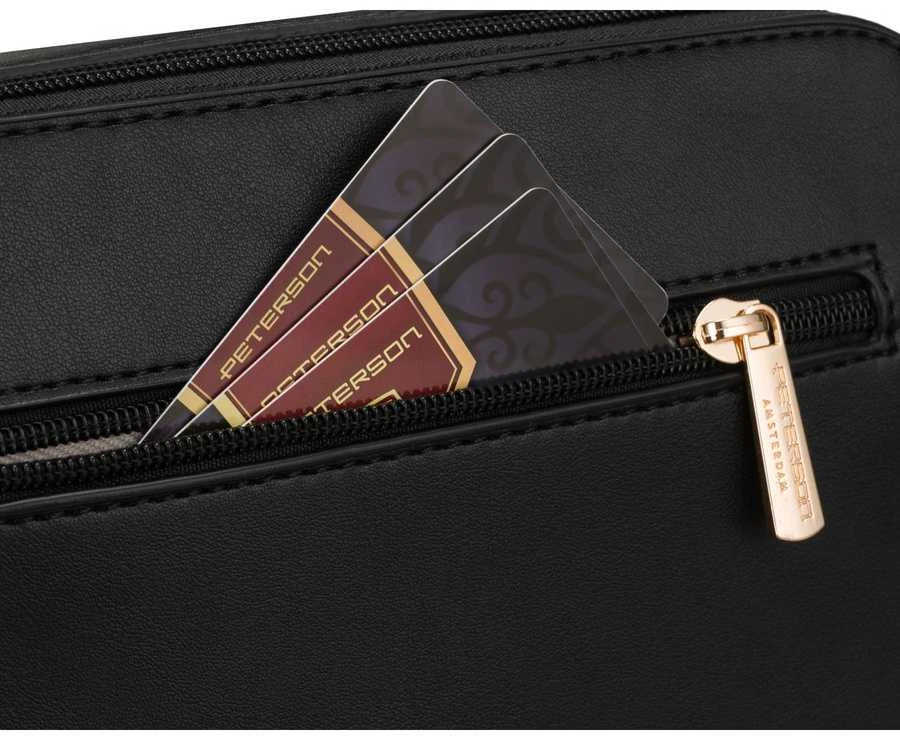 Maža moteriška „Peterson“ crossbody rankinė per petį, juoda, iš ekologiškos odos