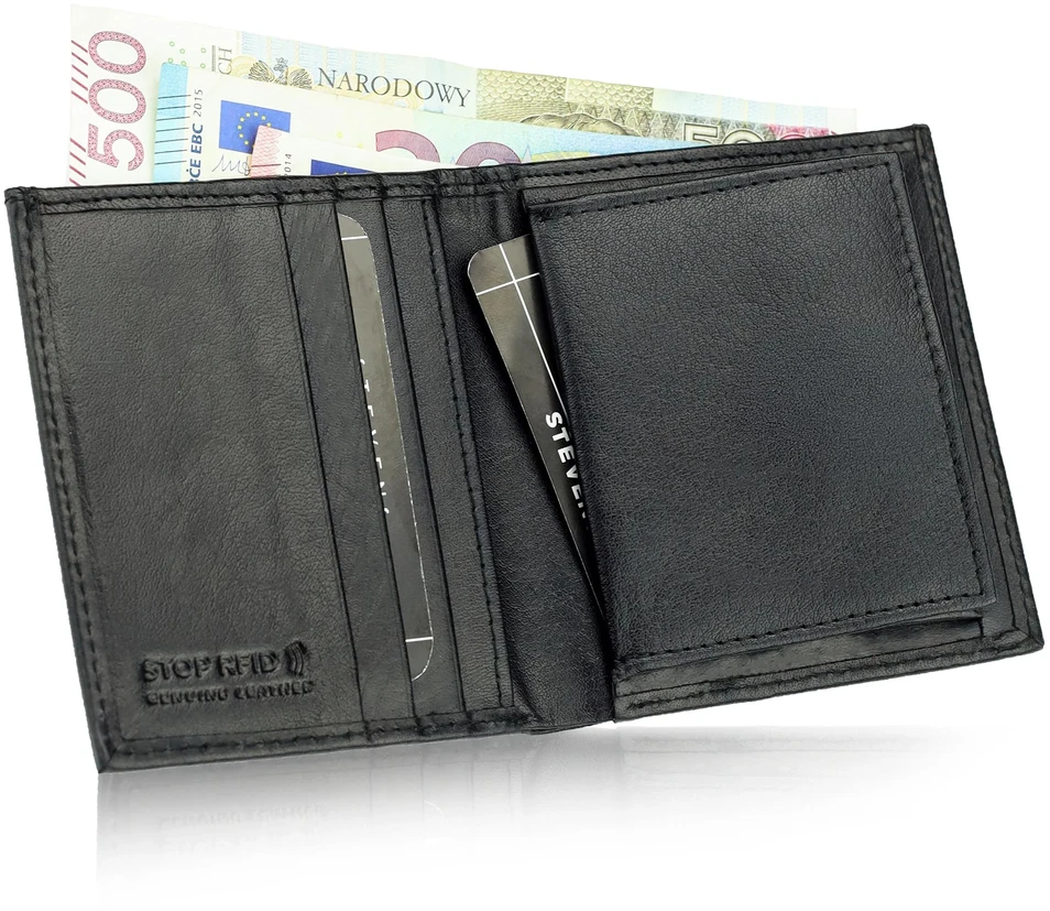 Maža plona vyriška odinė piniginė su RFID STEVENS, juoda D40033