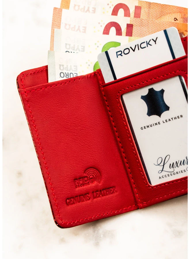 Maža raudona moteriška natūralios odos piniginė su RFID apsauga – Rovicky DS23