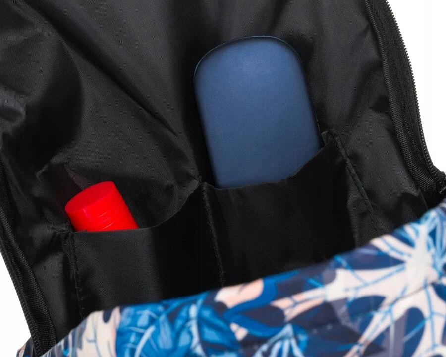 Mokyklinis kuprinė mėlynai-rožinėmis lapų raštais, pakabinta ant reguliuojamų petnešų - Peterson