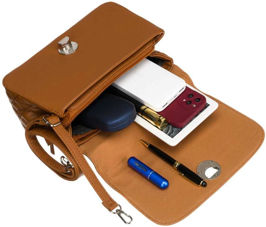 Moteriška karamelinės spalvos „David Jones“ crossbody rankinė su sidabro spalvos furnitūra