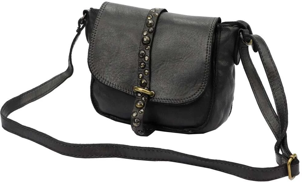 Moteriška natūralios odos juoda crossbody rankinė su dekoratyvia rankena VS 002