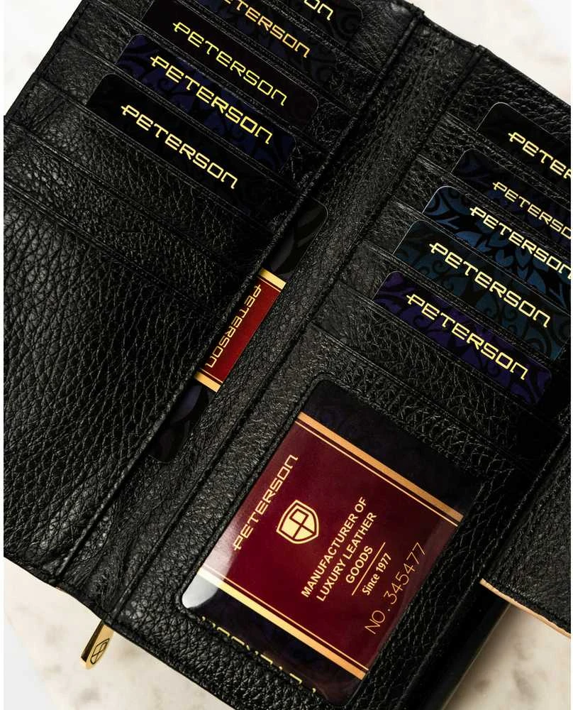 Moteriška piniginė, juoda-aukso, natūrali oda, RFID sistema