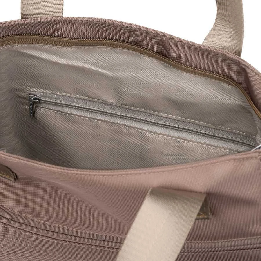 Moteriška smėlio spalvos „Peterson“ shopper rankinė su rankenomis ir nuimamu dirželiu, užsegama užtrauktuku