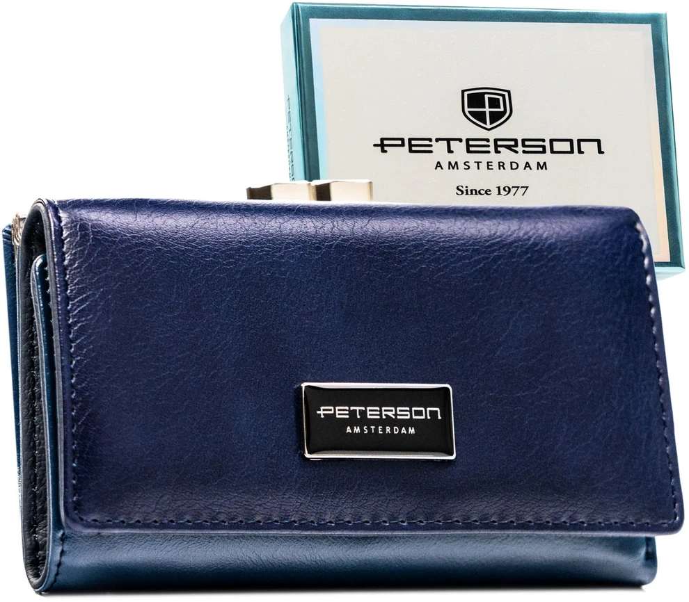 Moteriška vidutinė odinė piniginė Peterson su RFID, tamsiai mėlyna AX8