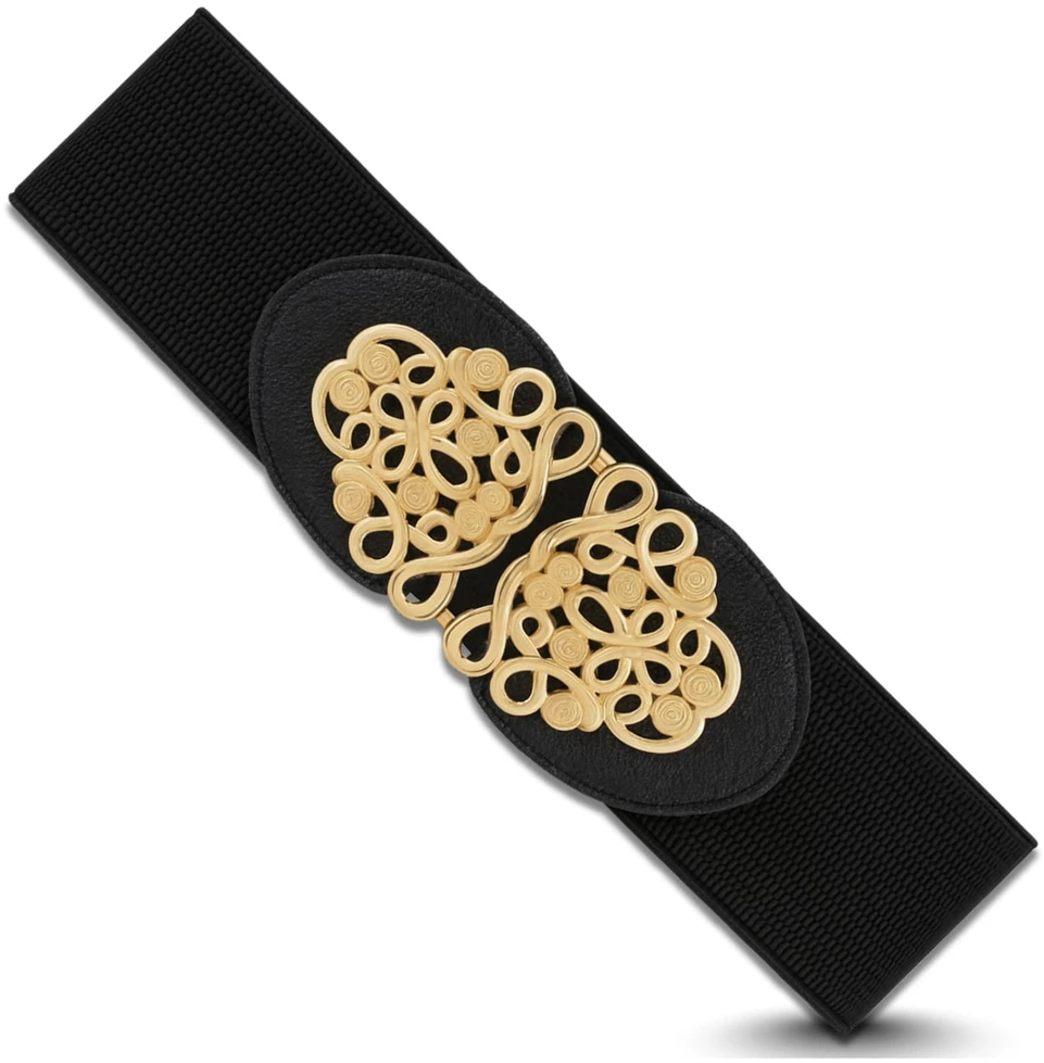 Moteriškas elastingas diržas juodas 6 cm, auksinė sagtis D13