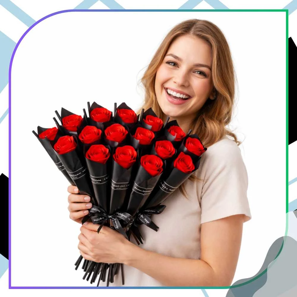Muilinių rožių puokštė raudona-juoda 28 cm
