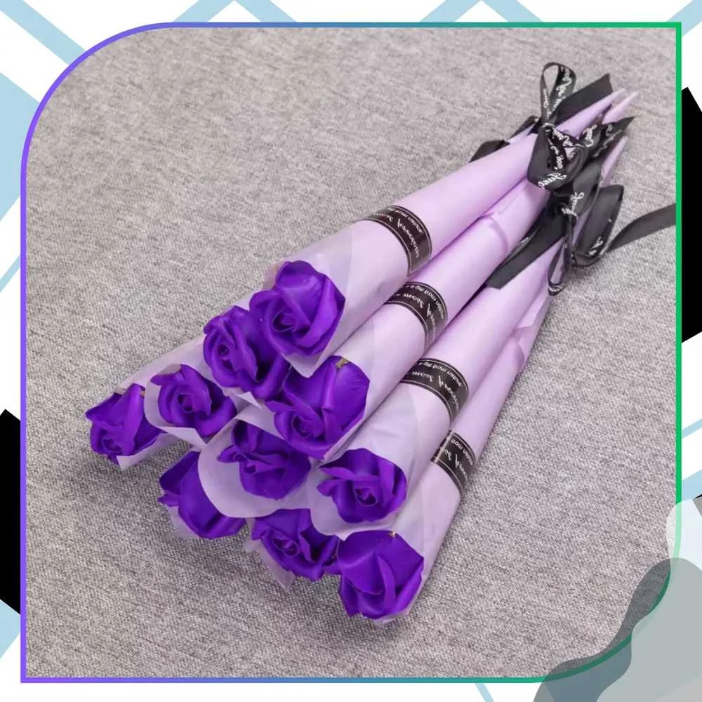 Muilinių rožių puokštė violetinė, 10 vnt., 28 cm