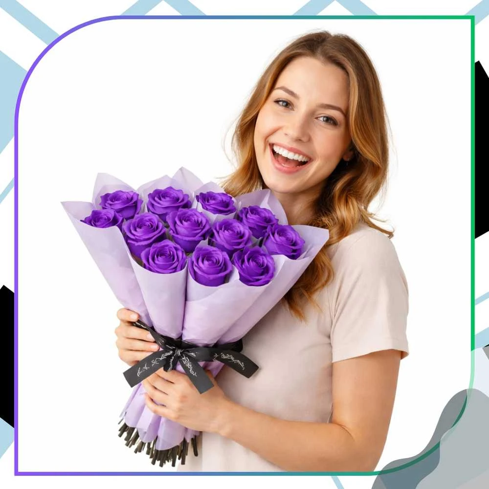 Muilinių rožių puokštė violetinė, 10 vnt., 28 cm