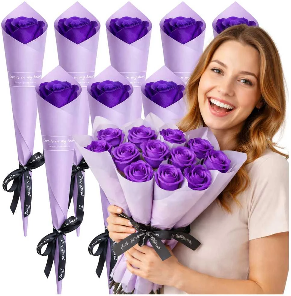 Muilinių rožių puokštė violetinė, 10 vnt., 28 cm