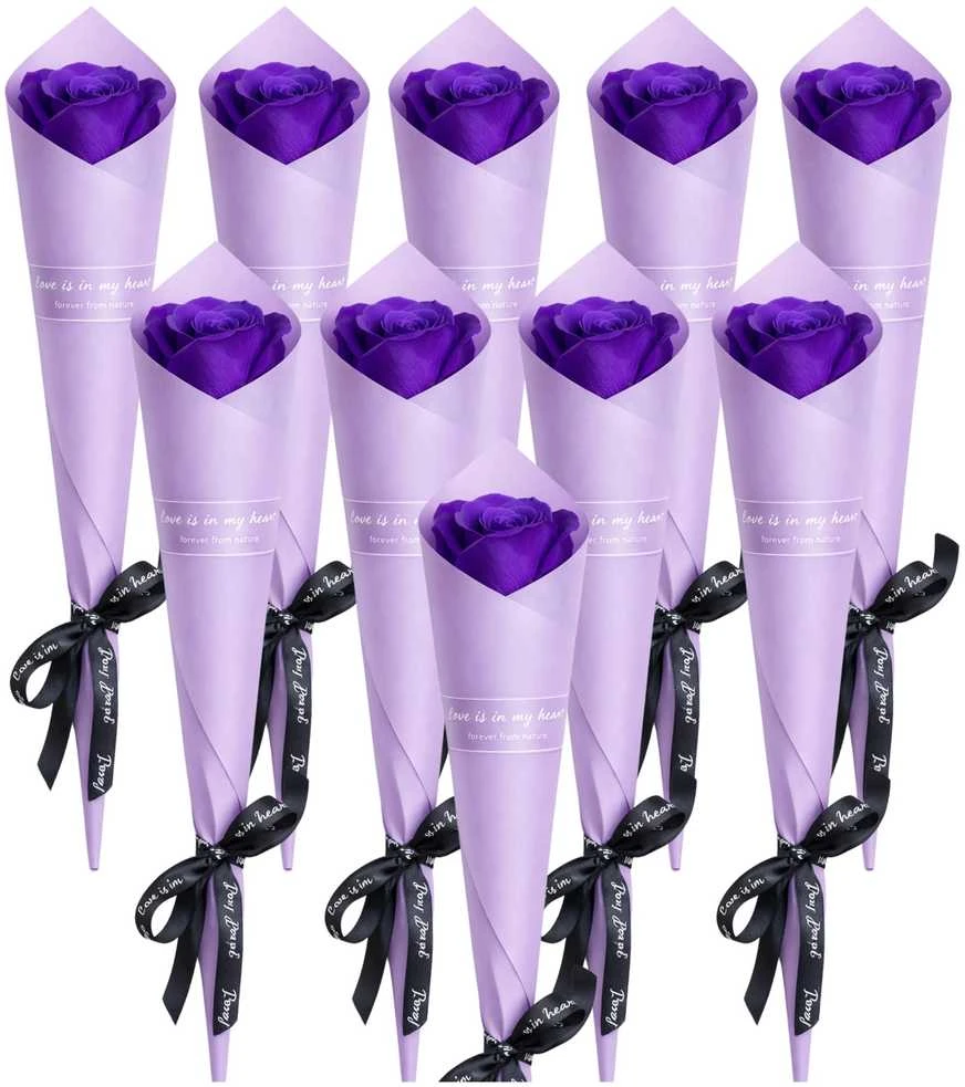 Muilinių rožių puokštė violetinė, 10 vnt., 28 cm