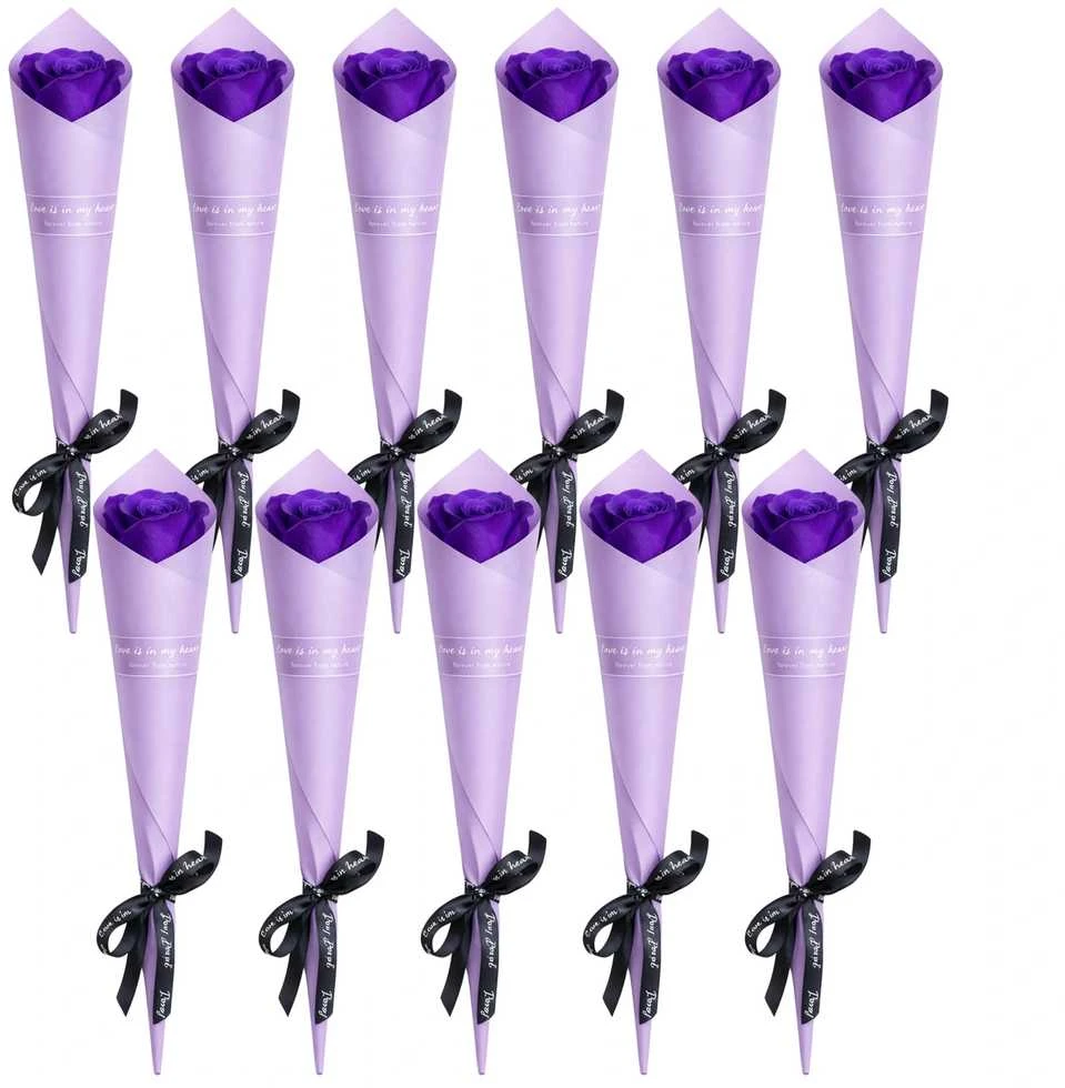 Muilinių rožių puokštė violetinė, 10 vnt., 28 cm