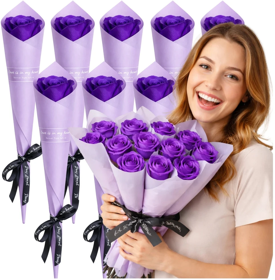 Muilinių rožių puokštė violetinė, 10 vnt., 28 cm