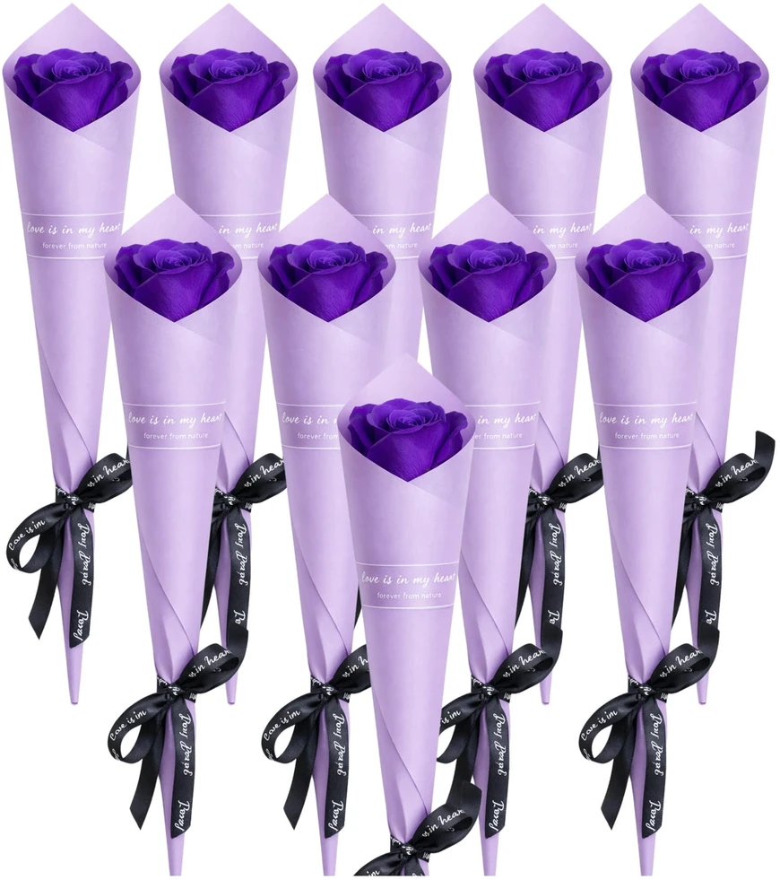 Muilinių rožių puokštė violetinė, 10 vnt., 28 cm