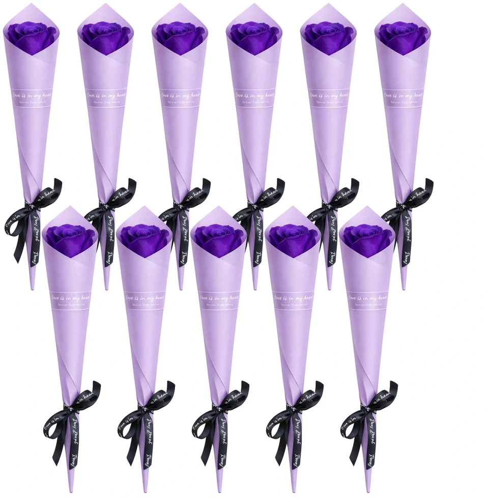 Muilinių rožių puokštė violetinė, 10 vnt., 28 cm