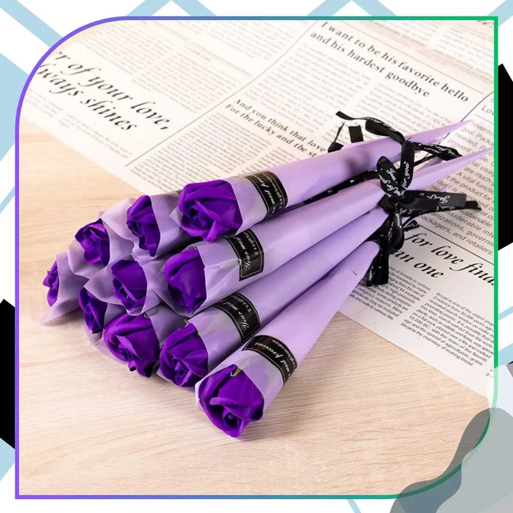 Muilinių rožių puokštė violetinė, 10 vnt., 28 cm