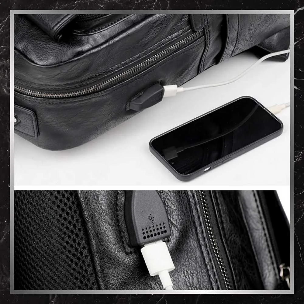 Odinė kuprinė, juoda, su USB jungtimi