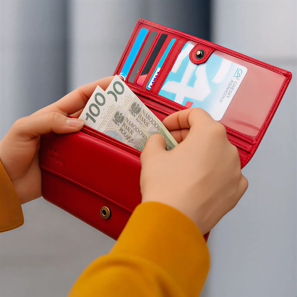 Odinė piniginė moterims Stevens Extended M raudona su RFID apsauga