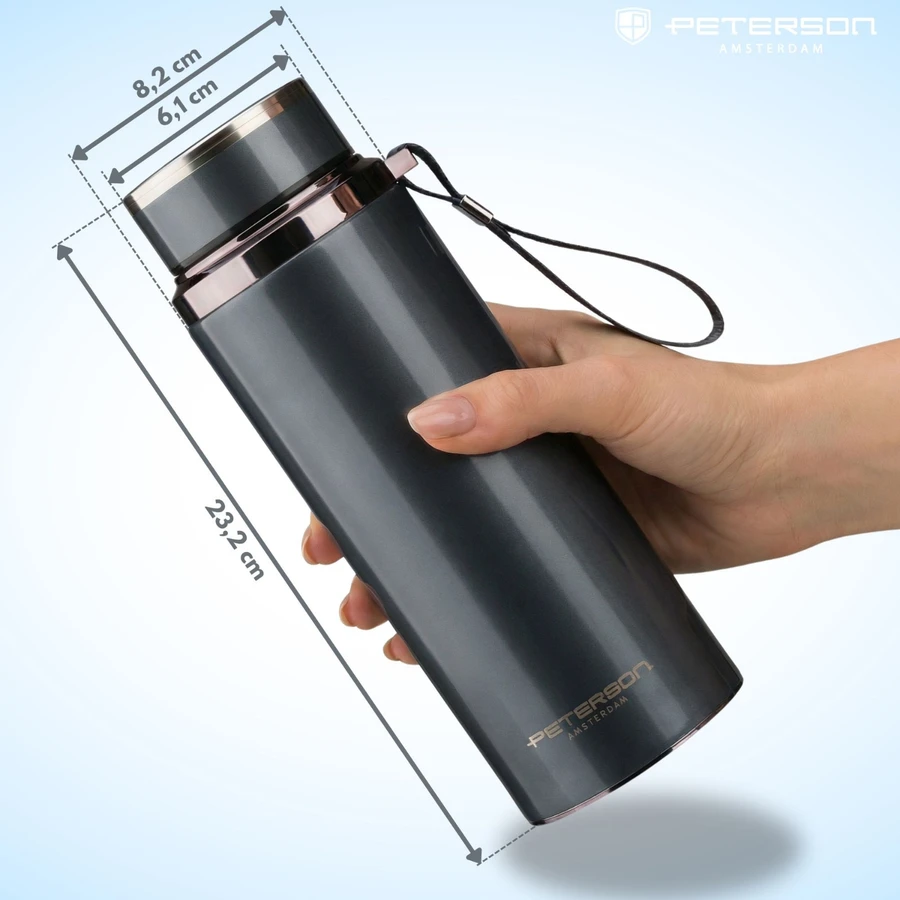 „Peterson“ 750 ml termopuodelis karštiems ir šaltiems gėrimams su sieteliu ir riešo dirželiu, pilkas, nerūdijantis plienas