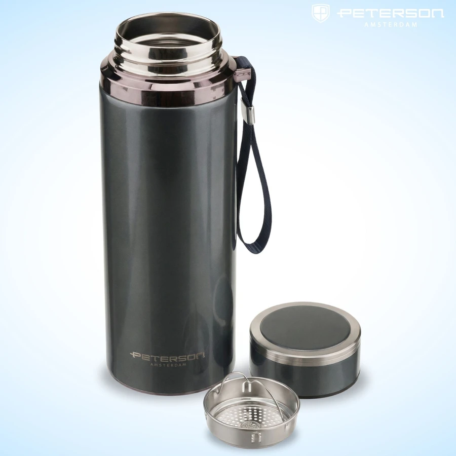 „Peterson“ 750 ml termopuodelis karštiems ir šaltiems gėrimams su sieteliu ir riešo dirželiu, pilkas, nerūdijantis plienas