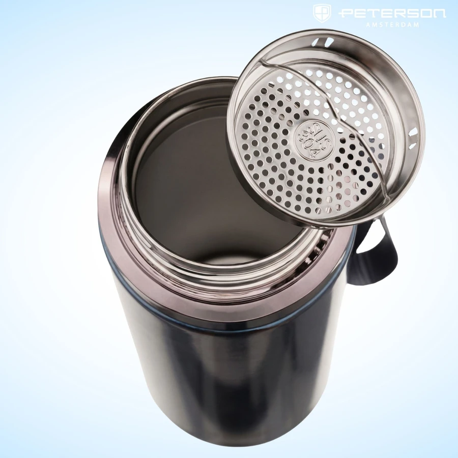 „Peterson“ 750 ml termopuodelis karštiems ir šaltiems gėrimams su sieteliu ir riešo dirželiu, pilkas, nerūdijantis plienas