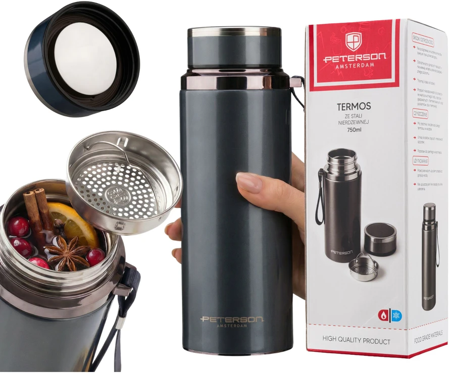 „Peterson“ 750 ml termopuodelis karštiems ir šaltiems gėrimams su sieteliu ir riešo dirželiu, pilkas, nerūdijantis plienas