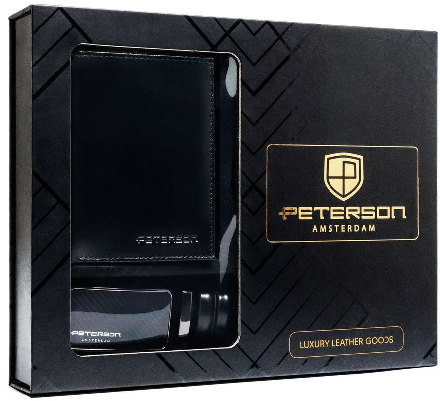 Peterson dovanų rinkinys: didelė juoda odinė vyriška piniginė su RFID apsauga ir natūralios odos diržas DS62