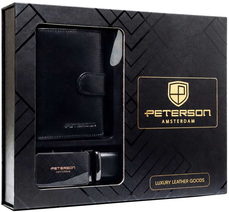 Peterson dovanų rinkinys: juoda vertikalaus formato vyriška odinė piniginė su RFID apsauga ir natūralios odos diržas DS51