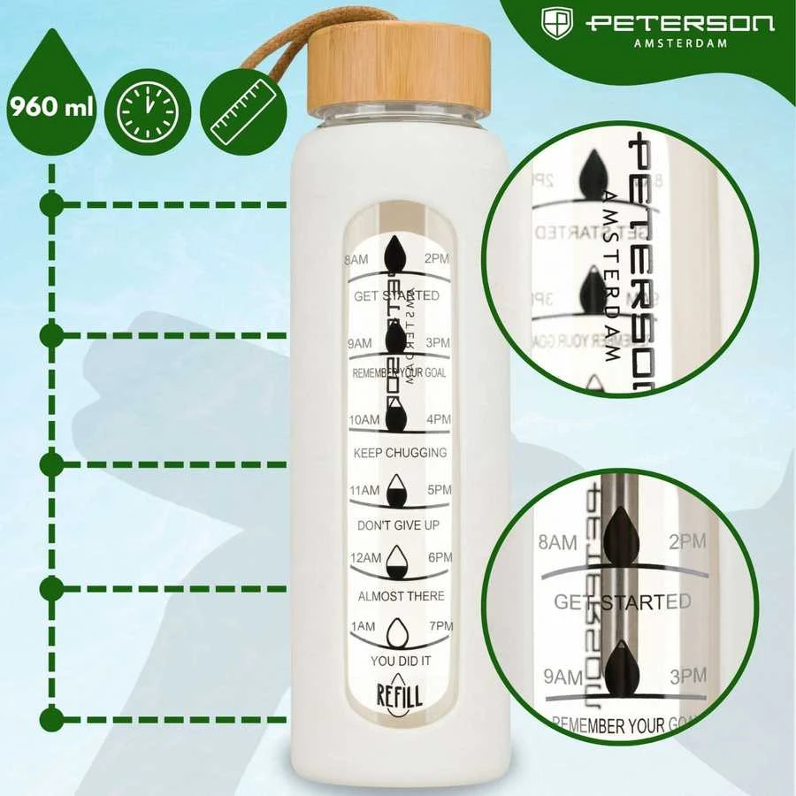 Peterson moteriška stiklinė vandens gertuvė 960 ml su silikoniniu dėklu, motyvacine matavimo skale, smėlio spalvos