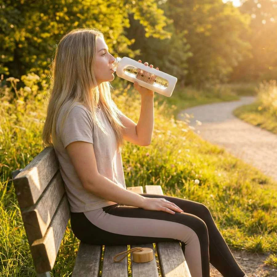 Peterson moteriška stiklinė vandens gertuvė 960 ml su silikoniniu dėklu, motyvacine matavimo skale, smėlio spalvos