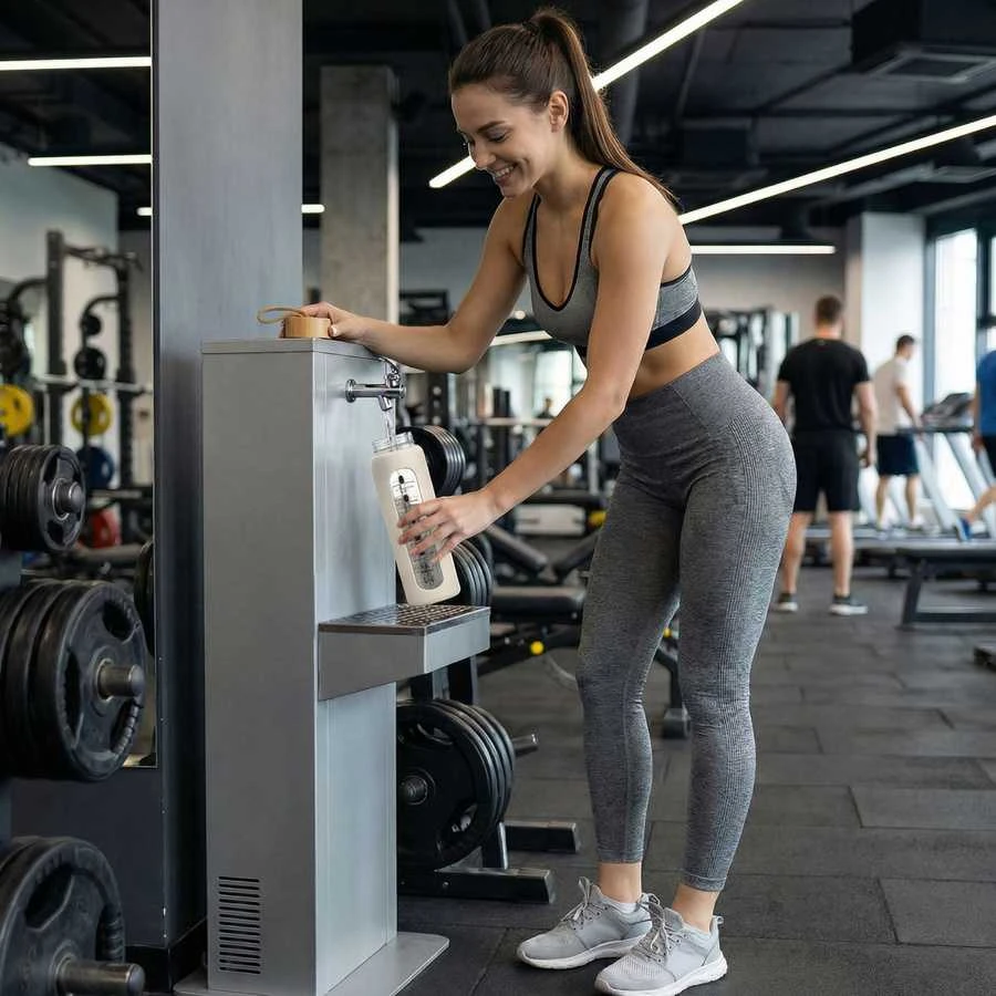Peterson moteriška stiklinė vandens gertuvė 960 ml su silikoniniu dėklu, motyvacine matavimo skale, smėlio spalvos