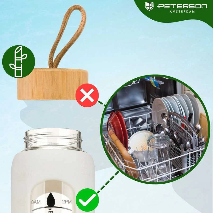 Peterson moteriška stiklinė vandens gertuvė 960 ml su silikoniniu dėklu, motyvacine matavimo skale, smėlio spalvos