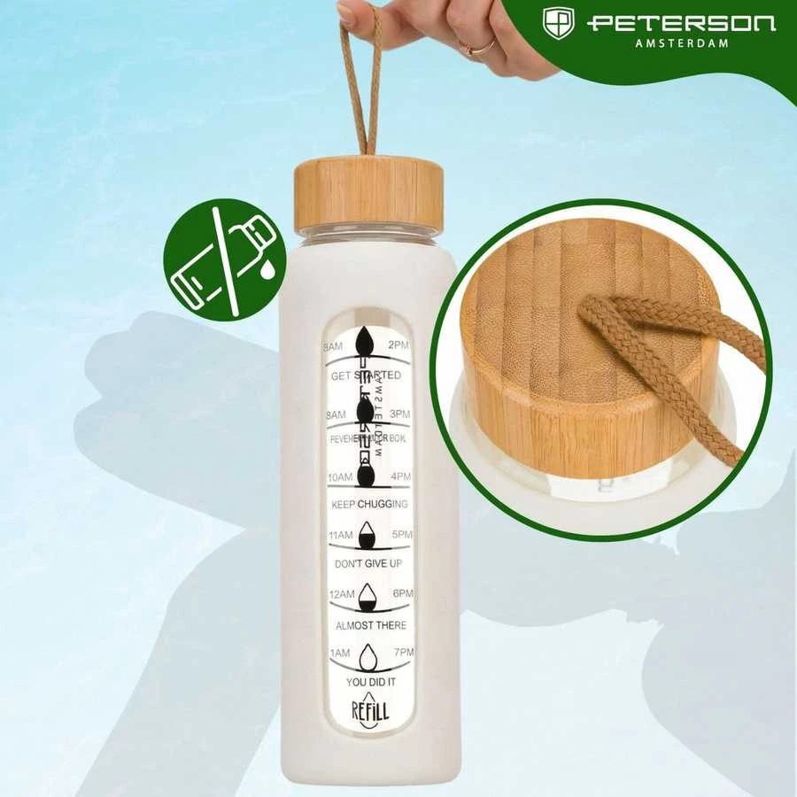 Peterson moteriška stiklinė vandens gertuvė 960 ml su silikoniniu dėklu, motyvacine matavimo skale, smėlio spalvos