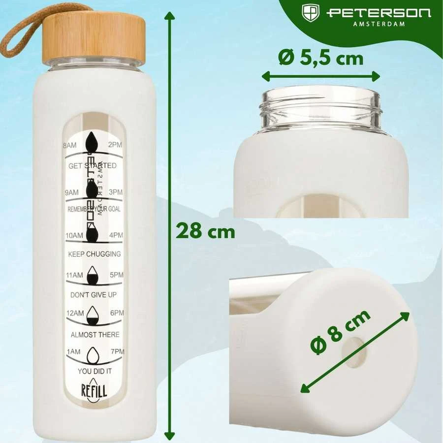 Peterson moteriška stiklinė vandens gertuvė 960 ml su silikoniniu dėklu, motyvacine matavimo skale, smėlio spalvos