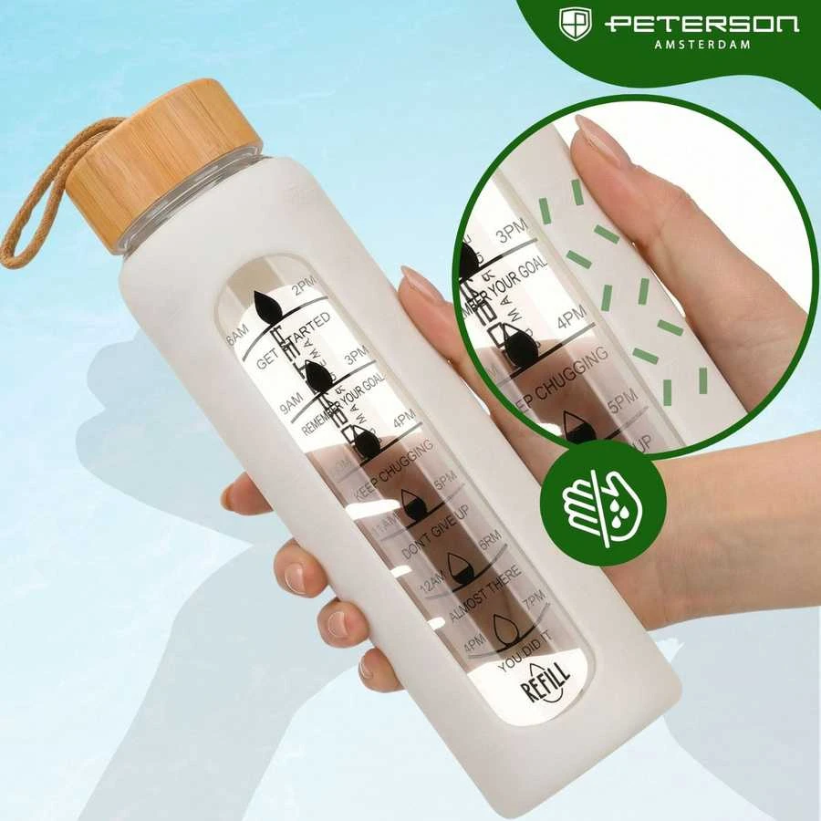 Peterson moteriška stiklinė vandens gertuvė 960 ml su silikoniniu dėklu, motyvacine matavimo skale, smėlio spalvos