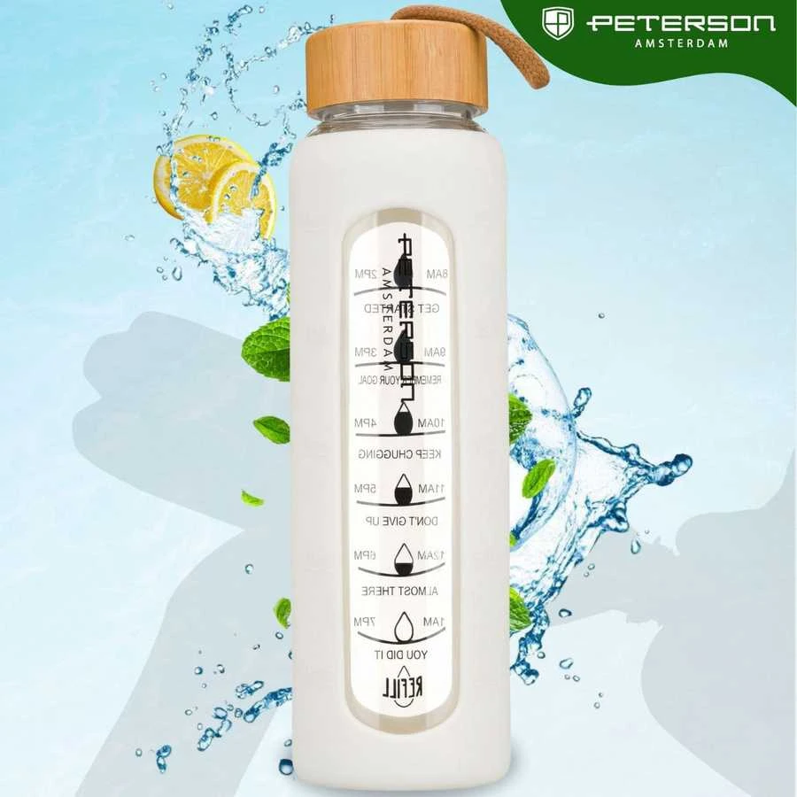 Peterson moteriška stiklinė vandens gertuvė 960 ml su silikoniniu dėklu, motyvacine matavimo skale, smėlio spalvos
